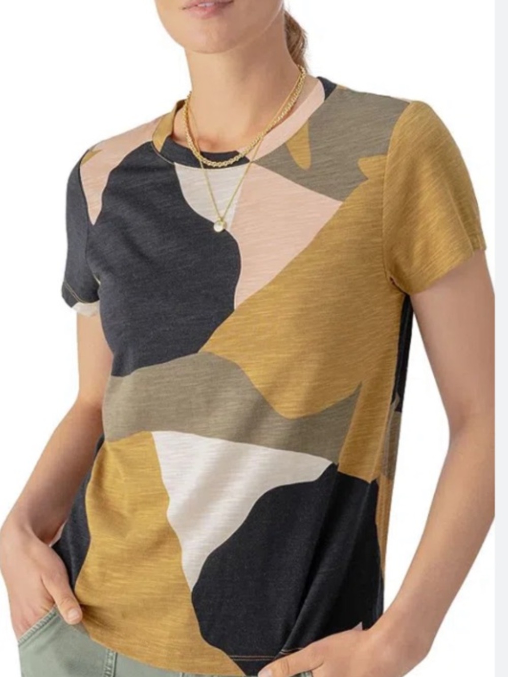 Sanctuary Perfect Tee Short-Sleeve Mustard, Black & Blush Abstract Print. Large